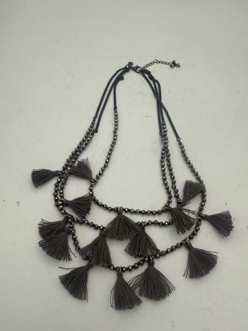 Women’s The Loft Multi-Strand Tassel gunmetal tone beaded chain necklace boho